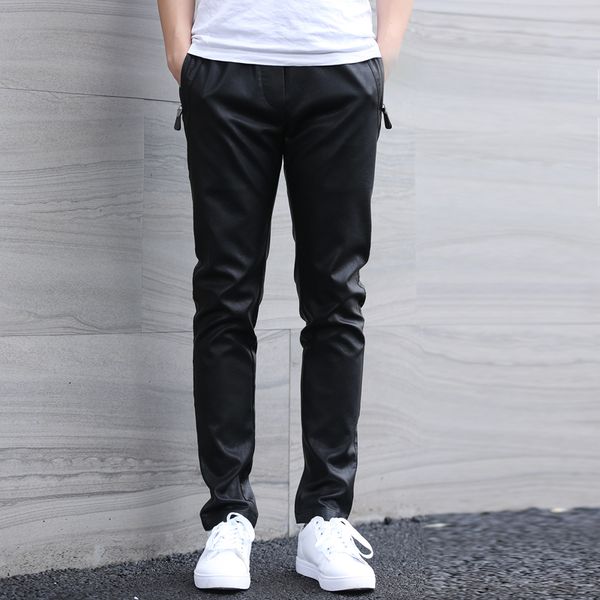 

29-36 men's leather elactic waist casual trousers man straight drawstring pants new fashion plus size black