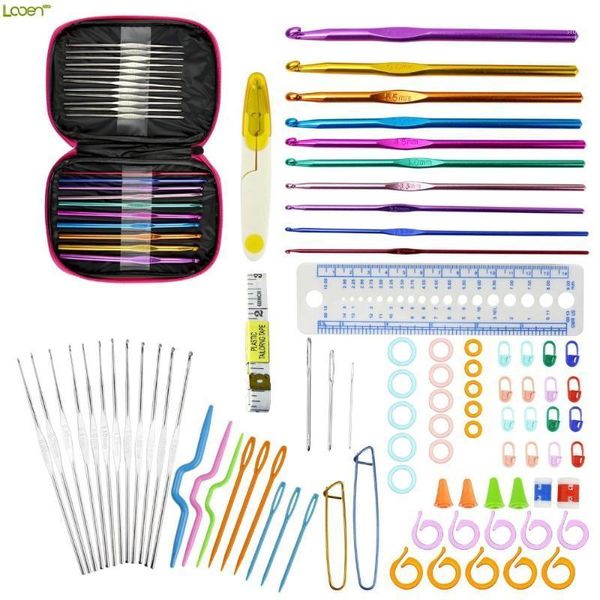 

looen 90pcs crochet hooks set aluminum knitting needles yarn craft kit knitting accessories with pink case for women gift1, Black