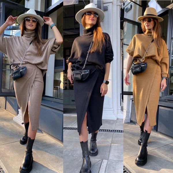 

2020 spring/autumn fashion high-necked long-sleeved pullover irregular split and calf skirt office ladies temperament suit1, Gray