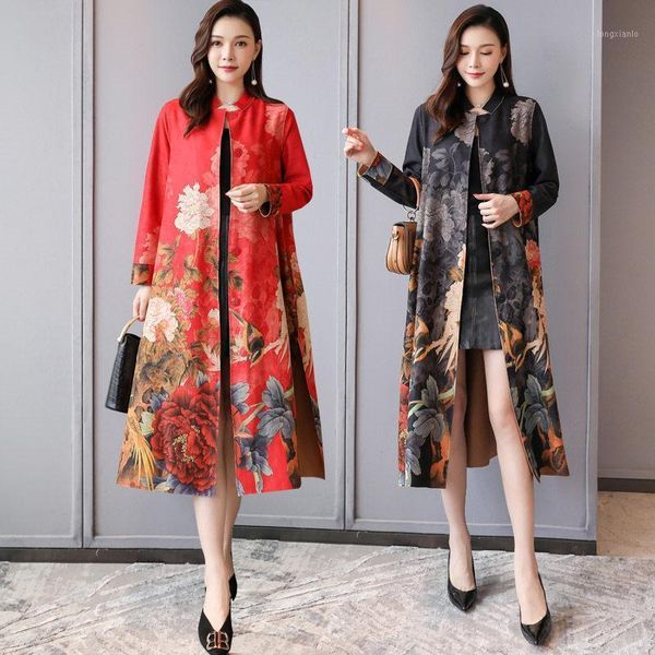 

fashion retro printing suede windbreaker women autumn jacket plus size elegant ladies long coat and outwear mujer chaqueta f20711, Tan;black