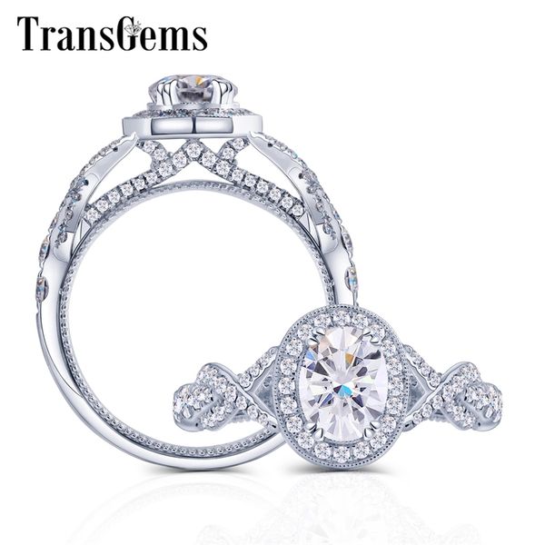 Transgemems 14k 585 White Gold Centre 2ct 7 * 9mm forma oval f anel de noivado incolor para faixa de mulheres com milgrain y200620