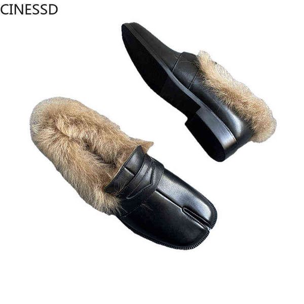 

dress shoes women split toe ninja tabi pumps genuine leather loafers cow with wool square low heel real casual shoes 220310, Black