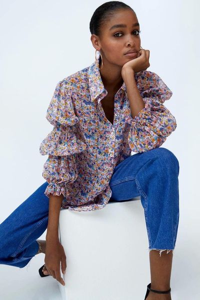 

2020 summer new long sleeve floral print zaraing women 2020 sheining vadiming zanzeaing zafuler women female blouse shirt c2202, White