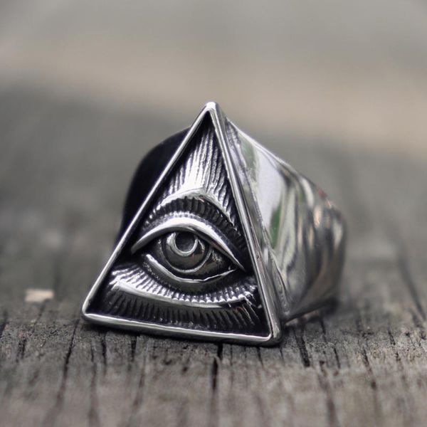 

mens masonic stainless steel ring illuminati triangle eye of providence biker rings punk asonry jewelry, Golden;silver