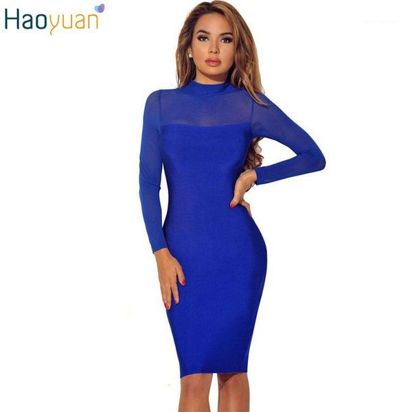 

wholesale- haoyuan women see through club dress bodycon long sleeve slim rayon bandage midi dress autumn party night club dress1, White;black