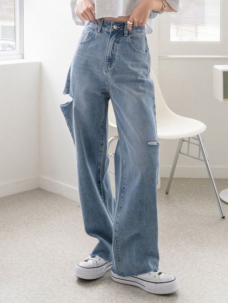 

dazy high waisted ripped wide leg jeans 44z4#, Blue