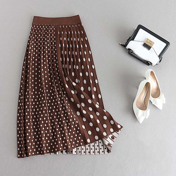 

2021 new high waist dots print knitted women winter a-line long chic autumn brown skirt jupe femme saia l9qb, Black