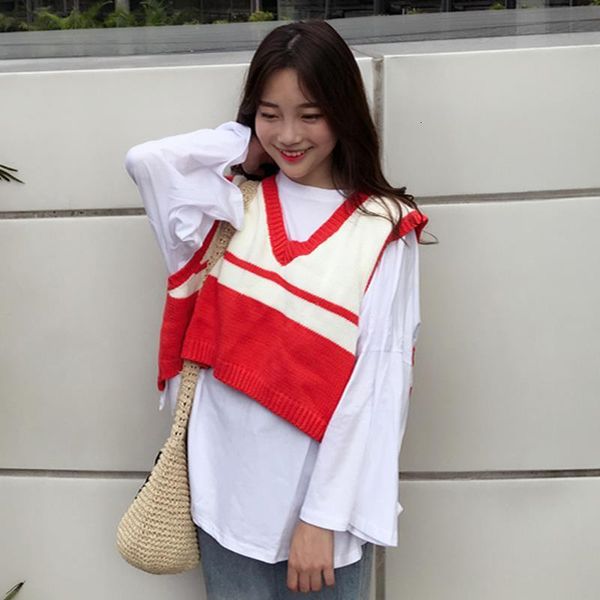 

women autumn v neck knitted sweater female sleeveless high and low vest sweater 2021 womens contrast color sweater, White;black