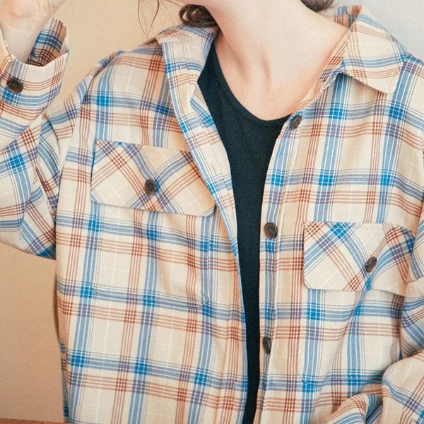 

autumn new arrival women vintage plaid shirt oversize long sleeve blouse turn-down collar spring casual feminina blusa t082, White