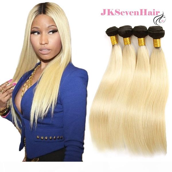 

1b-613 brazilian peruvian virgin hair bundles 4pcs straight dark root blonde russian human hair extensions factory price, Black