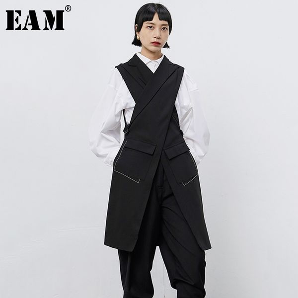 

[eam] women black cross split joint long asymmetrical loose fit vest new v-collar sleeveless fashion spring autumn 1b677 201102, Black;white