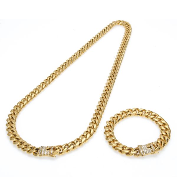 

10mm men stainless steel cuban chain bracelet set iced out rhinestone mens hip hop necklace jewelry set, Silver