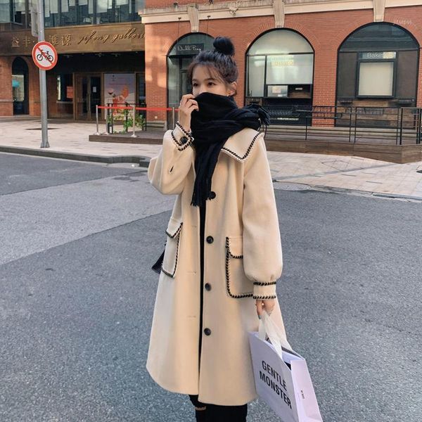 

autumn winter 2020 women coat outerwear fashion windbreaker warm woolen blends female elegant long woolen coat1, Black