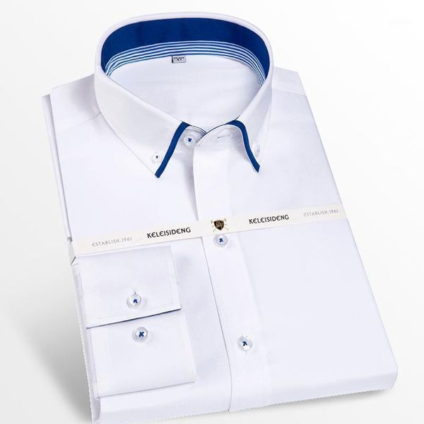 

men's casual double collar inner contrast button-down shirts comfortable 100% cotton long sleeve standard-fit dress shirt1, White;black