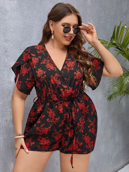 

plus floral print petal sleeve belted romper w9mc#, Black