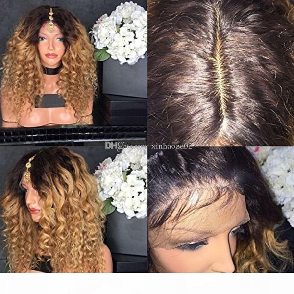 

honey blonde lace front wig glueless full lace wigs human hair ombre wig black roots 1b 27 loose curly brazilian virgin hair, Black;brown