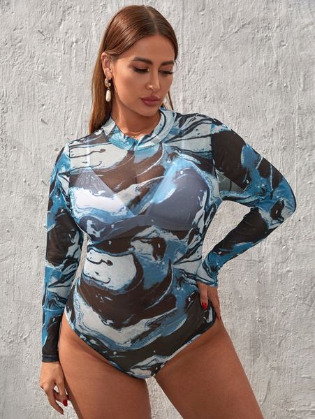 

plus tie dye mock neck mesh bodysuit without lingerie u4fz#, Black