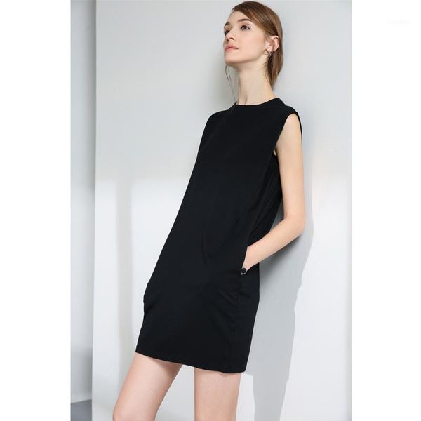 

casual sleeveless elegant fashion women straight dress solid zipper simple o-neck summer mini black shirt dresses1, Black;gray