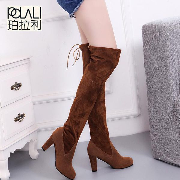 

boots plus size fashion female winter thigh high faux suede leather solid heels women over the knee shoes drop 1, Black