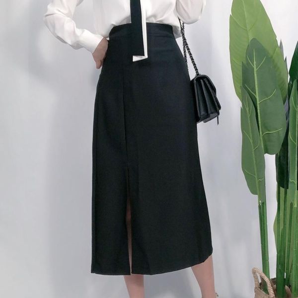 

office lady chiffon solid split mid- calf black long skirt for women maxi dress1