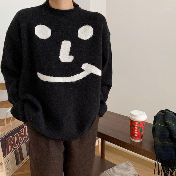 

women's sweaters harajuku cartoon smile women vintage o-neck long sleeve female pullovers 2021 autumn chic streetwear sueter mujer1, White;black