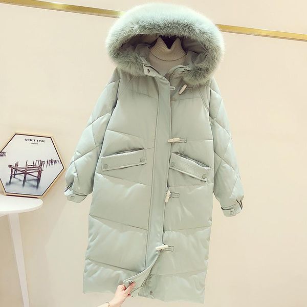 

new horn button long down cotton jacket women's big hair collar long over knee version medium length jacket fashion, Black