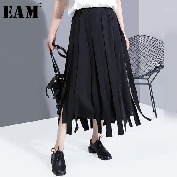 

eam] high elastic waist black ribbon split joint temprament half-body skirt women fashion tide new spring autumn 2020 1x682011