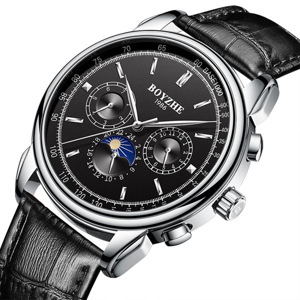 

boyzhe classic black luminous multi-function men's star mechanical watch business automatic men watches reloj hombre, Slivery;brown