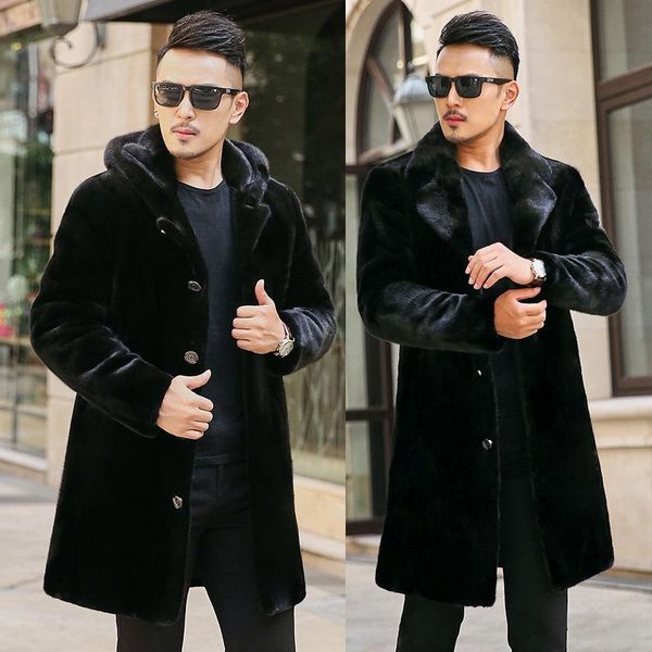 

men's fur & faux s-6xl fashion winter male clothing clothes long trench coat hooded, Black