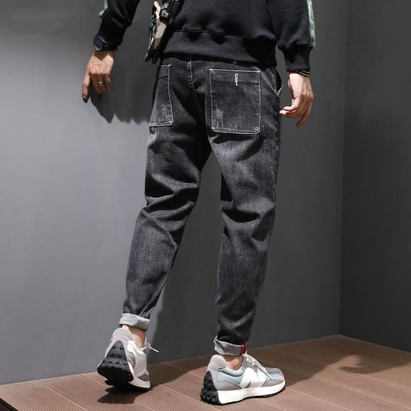 

autumn newly fashion men jeans black color elastic casual denim harem pants korean style hip hop wide leg trousers, Blue