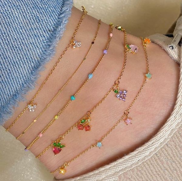 

2021 new 5 set sweet crystal fruit butterfly star anklets bracelet simple anklets for women fashion party jewelry gifts, Red;blue