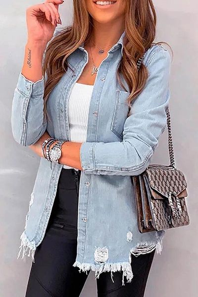 

european and american solid color torn women's jacket denim jacket feminine denim broken bottom fashion trend, Black;brown
