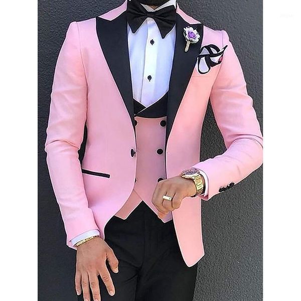 

pink with black lapel suits for men custom made terno slim groom custom 3 piece wedding mens suit masculino(jacket+pant+vest)1, White;black