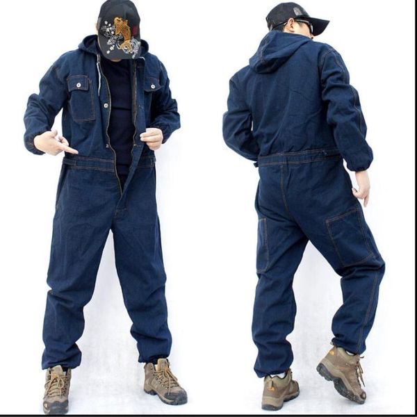 

4xl denim overalls workwear jumpsuit long sleeve multi-pocket hood loose large size jumpsuits uniform wear resistan jeans, Blue