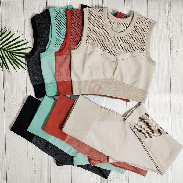 

seamless yoga outfits sets women fitness sports suit mesh gym workout clothing outdoors sportswear + leggings sport set, White;red