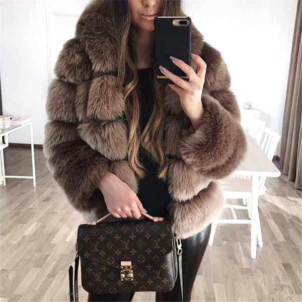 

faux fur coat solid color hooded thicken fleece jacket coat fashion oversize autumn winter women1, Black
