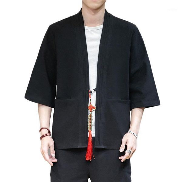 

men solid color shirt streetwear 3/4 sleeve 2020 summer vintage kimono shirts fashion open stitch linen shirts men plus size 5xl1, White;black