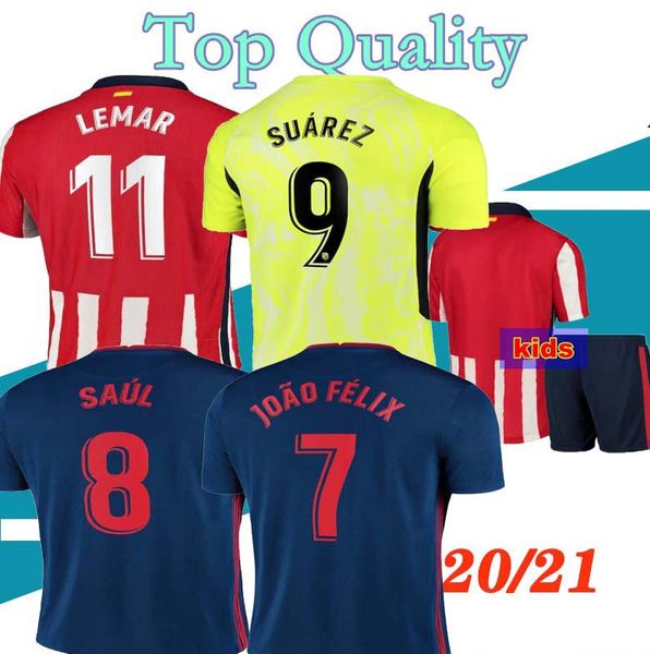 

16-3xl kids kit atletico joao felix soccer jerseys pre-match 2020 21 koke camisetas de fÃºtbol saul suarez correa lemar madrid football shirt, Black;yellow