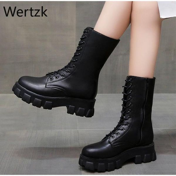 

boots woman 2021 fashion women shoes autumn female pu leather lace up platform boot non slip sewing mid-calf1, Black