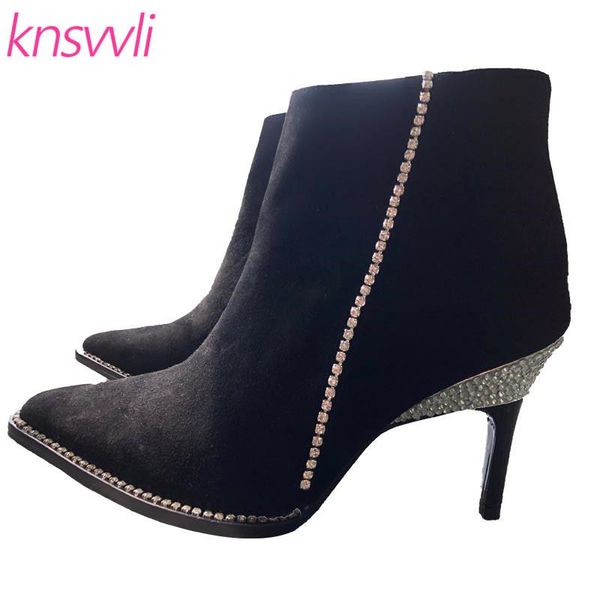

rhinestone brand shoes high heels ankle boots for women suede leather short boots crystal bling thin heels party shoes woman, Black