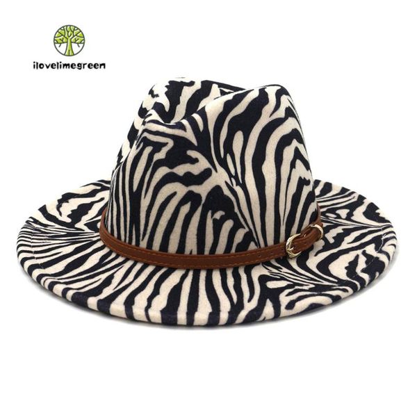 

wide brim hats men women brown belt zebra print jazz panama woolen felt fedora hat fall winter elegant and caps, Blue;gray