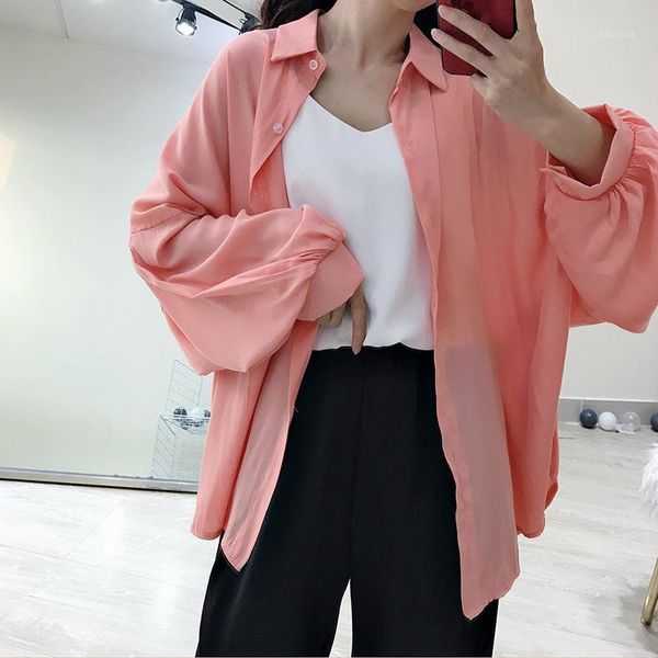 

spring pink girls shirts loose plus size colorful shirt long sleeve casual ladies blouses oversized collar button shirt, White