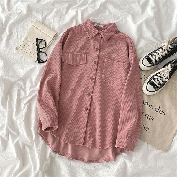 

autumn corduroy shirts blouses 2020 women fashion turn-down collar long sleeve loose shirt coat, White