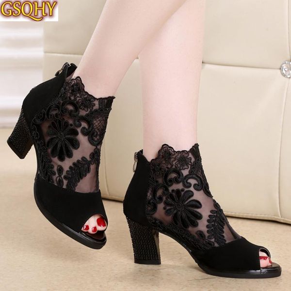 

summer mesh peep toe sandals heels single shoes women shoes in europe and america 2021 spring and summer gauze mujer, Black