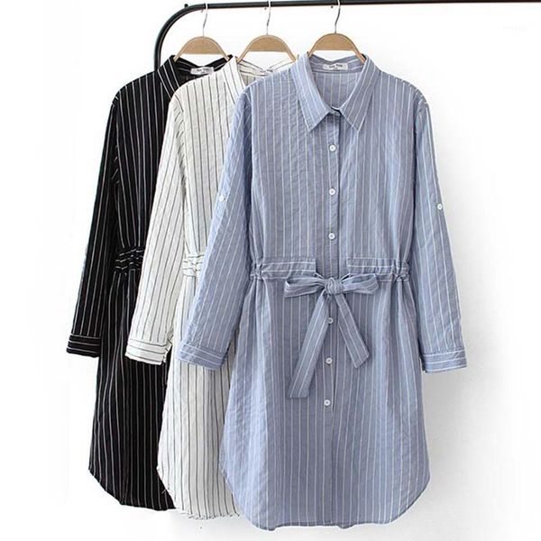 

plus size s-4xl striped cotton women dress sashes slim waist midi dresses autumn office ladies long sleeve dress female vestidos1, Black;gray