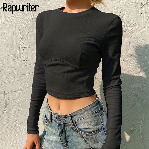 

rapwriter casual solid o-neck bodycon tight t-shirt women long sleeve fashion female gothic harajuku streetwear tee shirt 201125, White