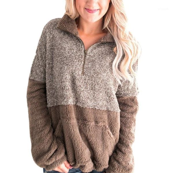 

women color blocks outwear zipper high collar long sleeve warm coat casual autumn winter pockets loose 1, Black;brown