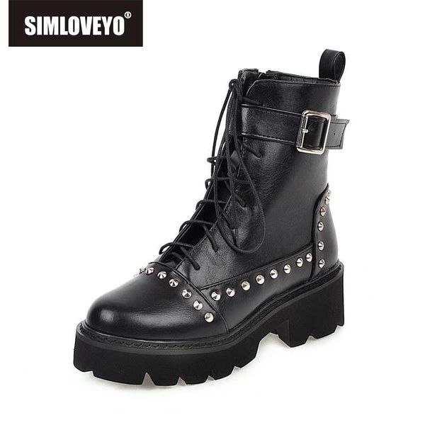 

boots simloveyo motorcycle ankle women lace up punk rivets buckle block heels riding footwear large size 33-43 zapatos mujer, Black