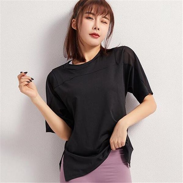 

yoga outfits breathable mesh yarn gym sport t shirt women summer short sleeve fitness running loose plus size tee femme1, White;red