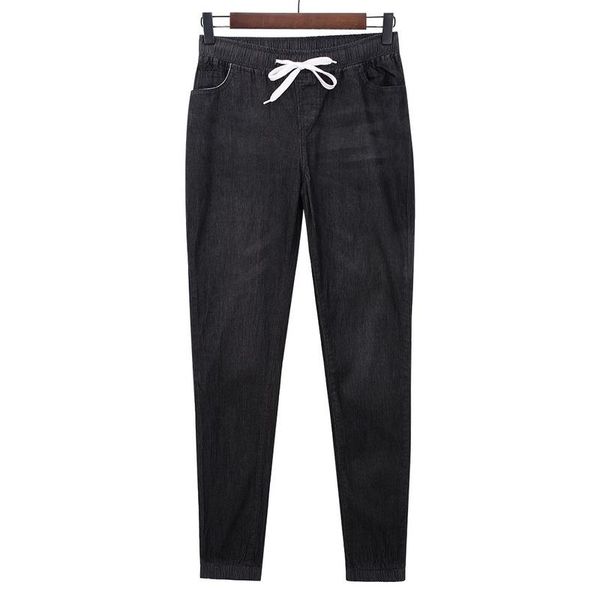 

spring washed jeans women solid drawstring straight jeans pants femme summer fashion vintage slim feet denim pants, Blue